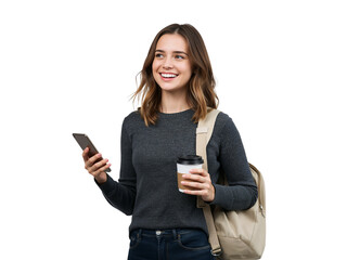 Smiling young woman enjoying coffee while using her smartphone with transparent scenery