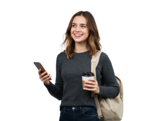 Smiling young woman enjoying coffee while using her smartphone with transparent scenery