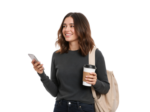 Smiling young woman enjoying coffee break while using her smartphone with transparent space