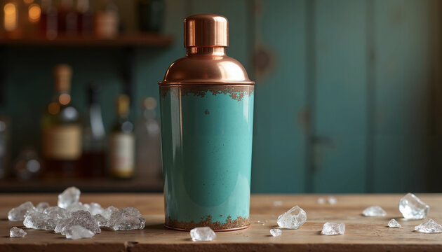 Copper and turquoise cocktail shaker on wooden bar with ice  