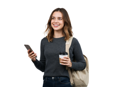 Smiling young woman enjoying coffee while using her smartphone with transparent scenery