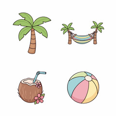 Minimalist Vector SVG Illustration of Tropical Beach Scene with Palm Trees Hammock Coconut and Beach Ball in Flat Design Style with Bright Colors