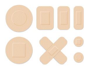 Medical plasters. Bandages set. Adhesive bandage for first aid for wounds operations and skin injuries. Protecting open wound from infection. Vector