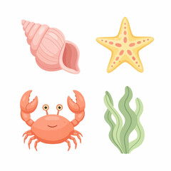 Vector SVG Illustration of Ocean Life with Shell Starfish Crab and Seaweed in Flat Design Style for Marine Themed Projects