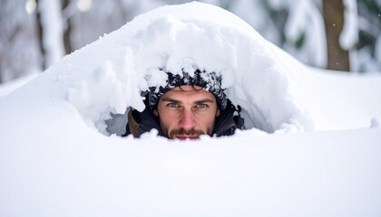 Man peers out from beneath a heavy blanket of pristine white snow in winter