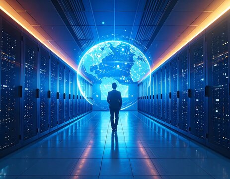 Futuristic server room with a globe