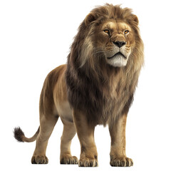 Obraz premium Majestic Male Lion with Full Mane Standing Proudly on White Background
