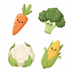 Cute Cartoon Vegetable Vector SVG Illustration with Smiling Carrot Broccoli Cauliflower and Corn in Flat Modern Style for Children Design