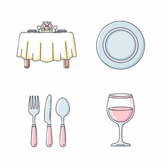 Minimalist Vector SVG Illustration of Elegant Dining Table with Plate Cutlery and Wine Glass in Flat Style for Food Service and Hospitality Branding