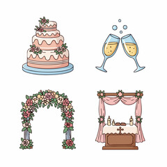 Vector Minimalist SVG Illustration Set of Wedding Celebration Elements with Floral Arch Cake and Champagne Glasses in Flat Style for Digital Use
