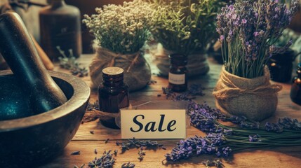 Fototapeta premium A table with a sign that says Sale. There are several vases of flowers on the table, including lavender