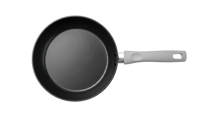 Black frying pan with silver handle isolated on transparent background
