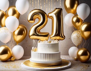 white and gold celebration cake with whipped cream decorations and large gold number balloons reading twenty one surrounded by gold and white balloons with confetti