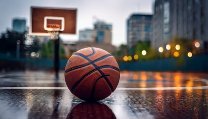 close up of a wet basketball resting on a rain soaked court with blurred urban basketball hoops and buildings in the background capturing a moody sports atmosphere