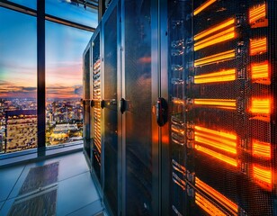close up of multiple server racks with illuminated orange and yellow indicator lights in a data center with a blurred cityscape visible through a window