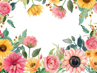 Watercolor floral border with sunflowers, roses, and garden blossoms. Hand-painted flower frame for invitations and cards. Isolated on transparent background, png