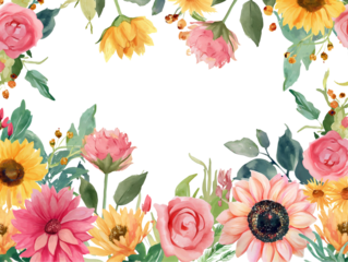 Watercolor floral border with sunflowers, roses, and garden blossoms. Hand-painted flower frame for invitations and cards. Isolated on transparent background, png