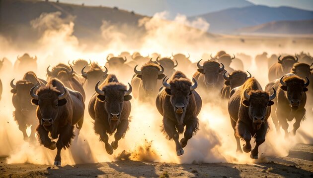 Dynamic herd of bison galloping across plains in dramatic dust cloud photography