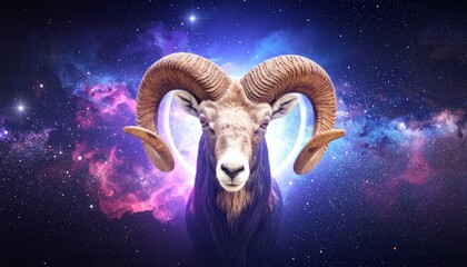 Aries Zodiac Sign with Ram Illustration Set Against a Galactic Background