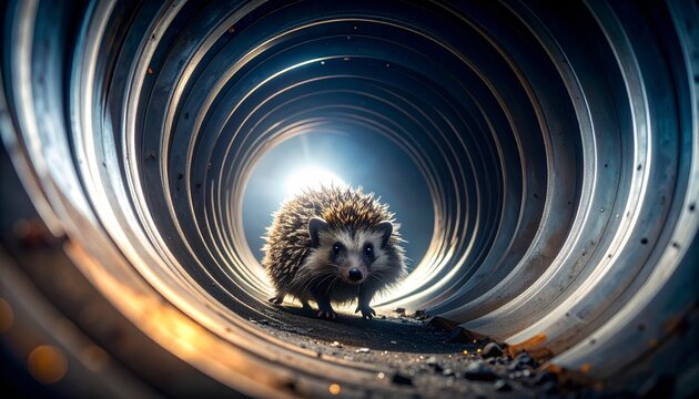 Captivating abstract of a hedgehog exploring an industrial drainage tunnel