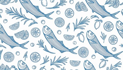 simple seamless pattern fish sardine herring olives lemon slices tomato rosemary branch mediterranean diet seafood blue outline on white background for prints of packaging products