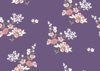 seamless small flower bunch pattern isolated on purple background. vector small flowers with leaves. Seamless ditsy pattern in small cute wild flowers. design for wallpaper.