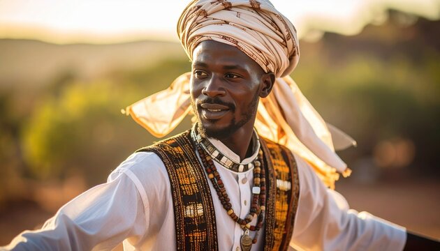 Cultural portrait: a Malian griot dancer in traditional clothing amidst soft scenery