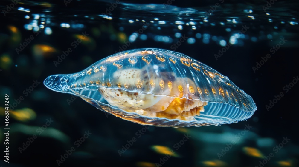 Poster close-up of a translucent jellyfish in the deep ocean.