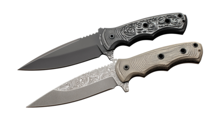 Two knives with textured handles displayed