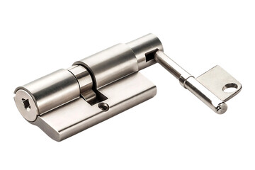 Metallic lock cylinder with inserted key isolated on a transparent background