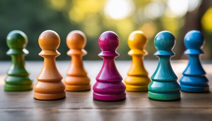 close up of colorful wooden chess pawns in a row with natural texture and blurred background creating a sense of unity and diversity
