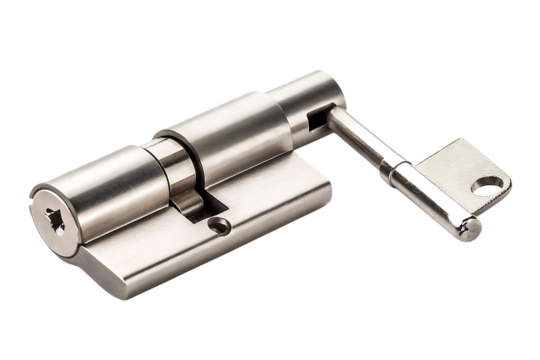 Metallic lock cylinder with inserted key isolated on a transparent background