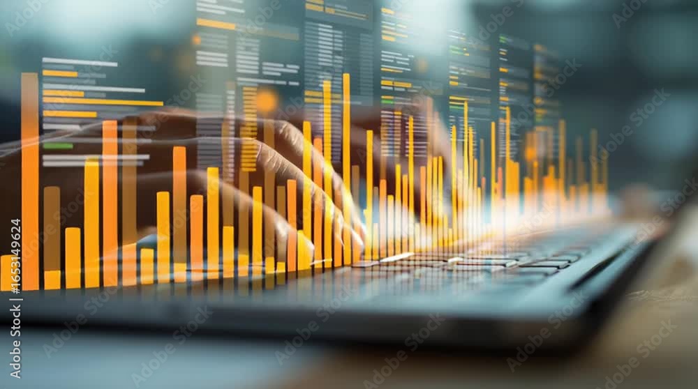 Poster hands typing on laptop with data visualization overlay