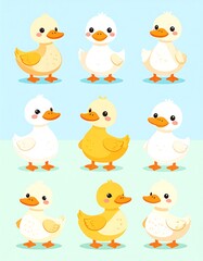 Cute cartoon ducklings in various poses