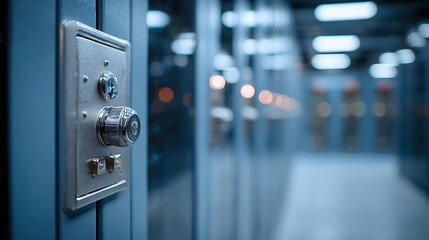 A metal door with a combination lock, set in a dimly lit, industrial setting with rows of metal lockers in the background.