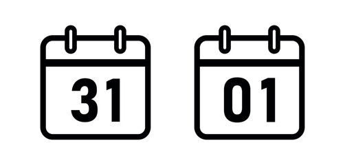 Calendar icon set. calendar date for thirty first and happy new year day concept. calendar for app, website, ui. png and vector illustration on transparent background.