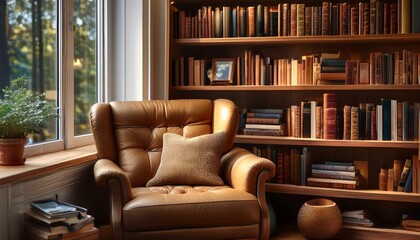 cozy reading nook in a home library