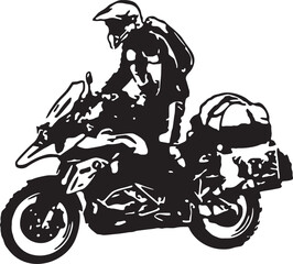 Adventurous Journey Illustration A Motorcycle Expedition Silhouette With a Helmeted Rider and Travel Gear