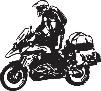 Adventurous Journey Illustration A Motorcycle Expedition Silhouette With a Helmeted Rider and Travel Gear