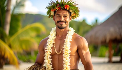 Captivating polynesian dancer adorned with lei and headdress in tropical paradise