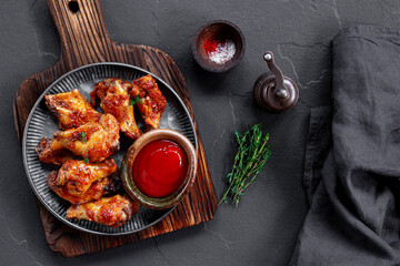 Fried chicken wings with ketchup on grey plate and dark background top view