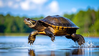 Fototapeta premium A determined Snapping Turtle leaps out of clear water in a vibrant scene