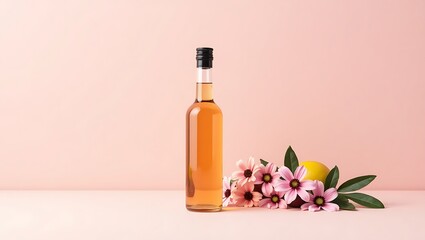 Elegant glass bottle of amber liquid with delicate pink flowers and green leaves