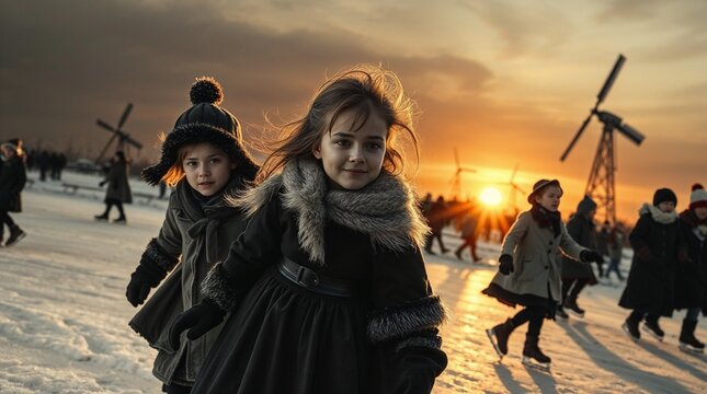 Silver ice skate in an antique suitcase on a snowy Dutch canal with reeds, illustration for "Hans Brinker, or the Silver Skates"