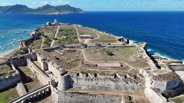 Aerial drone view of Methoni Castle in Messinia, Greece
