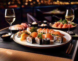 elegant dining experience featuring a gourmet platter of sushi and seafood at a luxury restaurant during evening hours