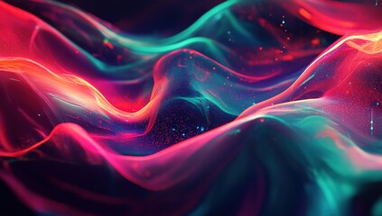 Abstract background with colorful waves and glowing light effects, creating an elegant design for product packaging or presentation. The vibrant colors of red, blue, and green add energy