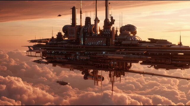 Futuristic floating city, sky-high landscape during the sunset