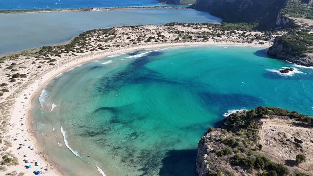 Aerial drone view of Voidokilia beach and Gialova lagoon in Messinia, Greece