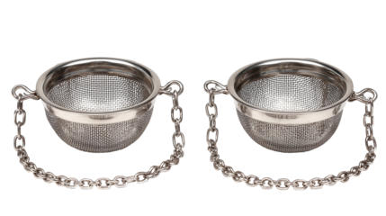 Two metal mesh strainers with chains